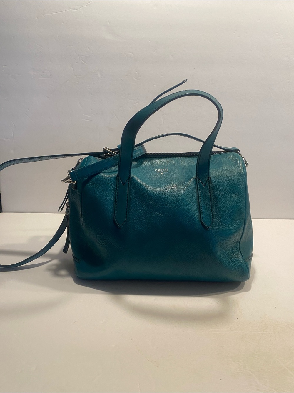Fossil Teal Leather Satchel with Top Handles and Crossbody Strap